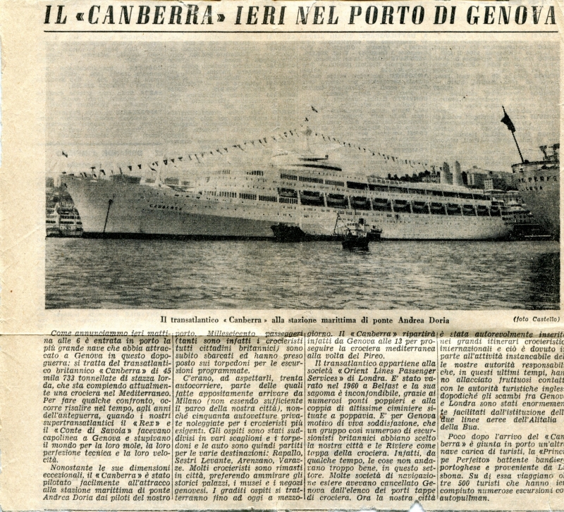 CANBERRA - articolo pubblicato su "Il Secolo XIX" che celebrava il primo arrivo della T.E.S. "Canberra" a Genova