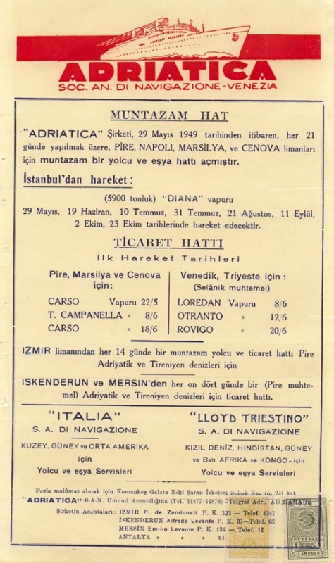 "ADRIATICA" manifesto agenzia Istanbul maggio 1949