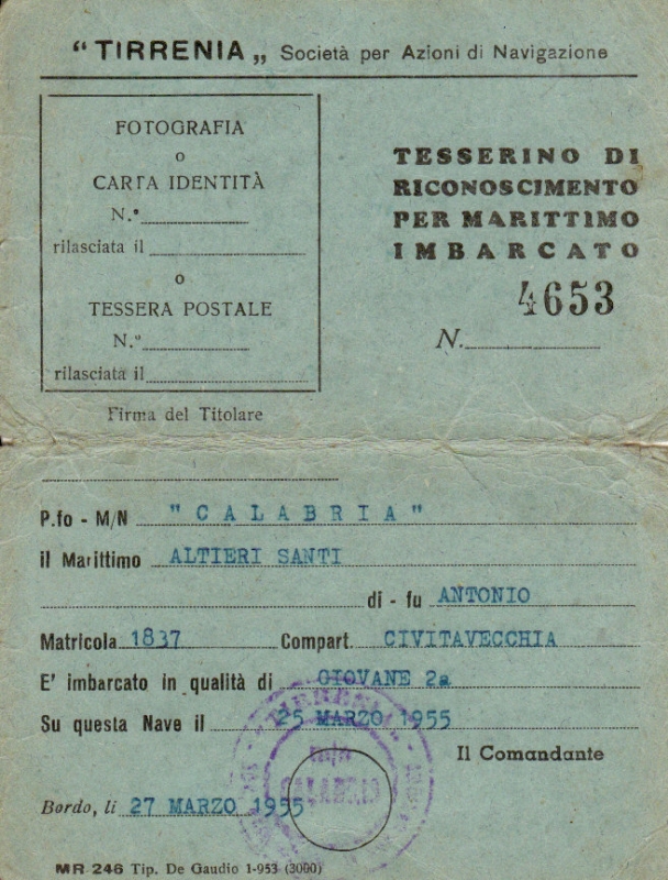 TESSERINO MARITTIMO IMBARCATO 27.03.1955